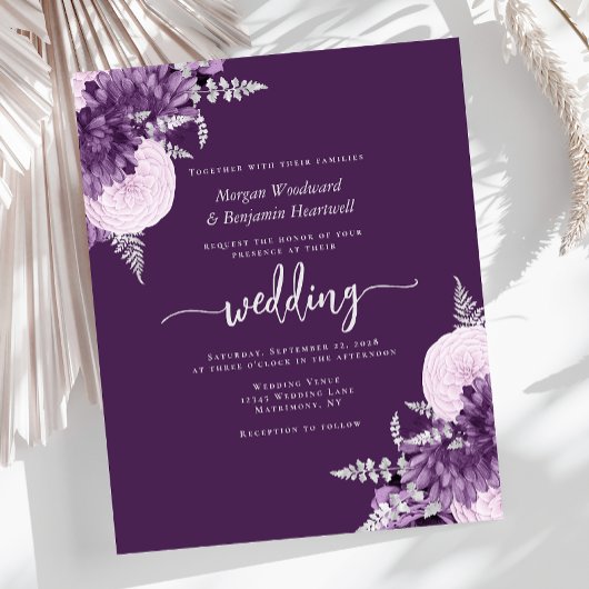 Budget Purple Lilac Silver Floral Wedding Invite