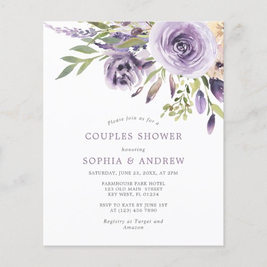 Budget Purple Rose Couples Shower Invitation (正面)