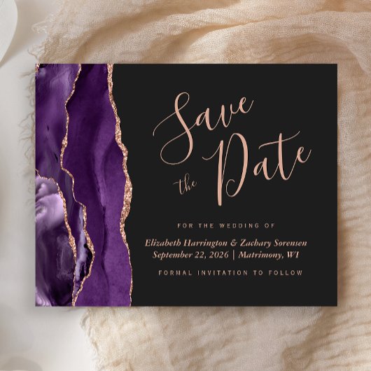 Budget Purple Rose Gold Agate Dark Save the Date