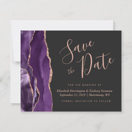 Budget Purple Rose Gold Agate Dark Save the Date (正面)