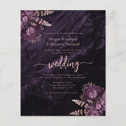 Budget Purple Rose Gold Floral QR Code Wedding (正面)