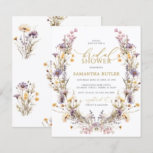 Budget Purple Wildflowers Bridal Shower Invitation (正面/裏面)