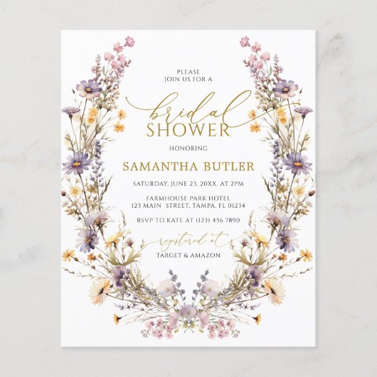 Budget Purple Wildflowers Bridal Shower Invitation (正面)