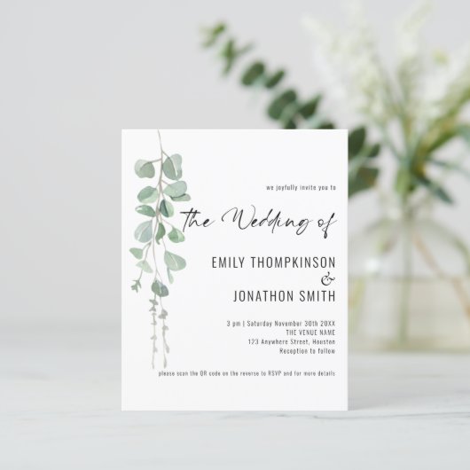 Budget QR Code Eucalyptus Script Wedding Invite (スタンド正面)
