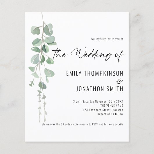 Budget QR Code Eucalyptus Script Wedding Invite (正面)