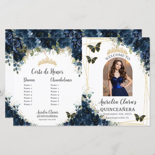 Budget Quinceañera 15 Navy Floral Padrinos Program (正面/裏面)