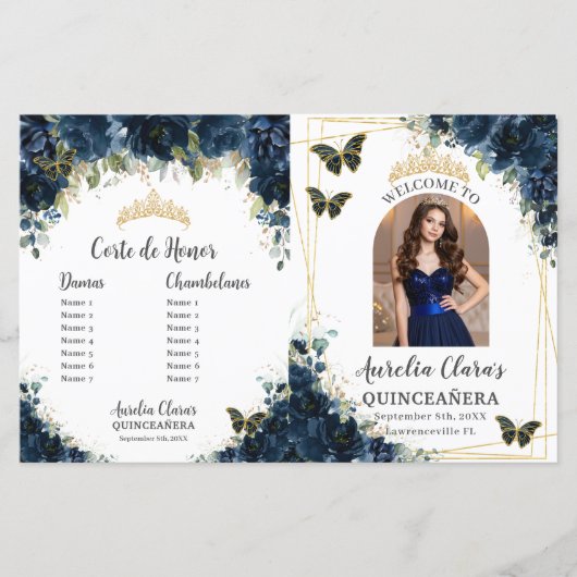 Budget Quinceañera 15 Navy Floral Padrinos Program (正面)