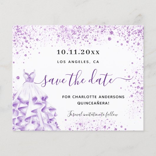 Budget Quinceanera white violet save the date (正面)
