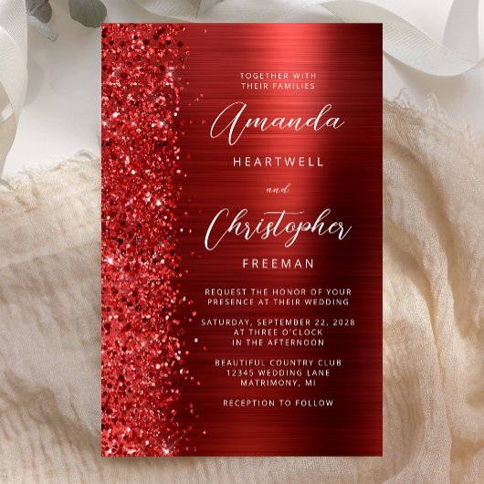 Budget Red Glam Glitter Wedding Invitation
