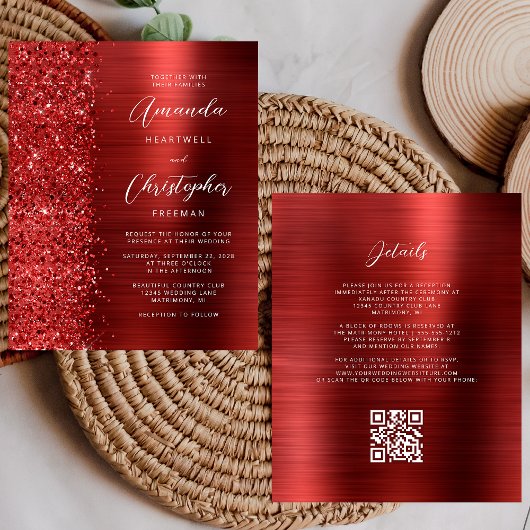 Budget Red Glam QR Code Wedding Invitation