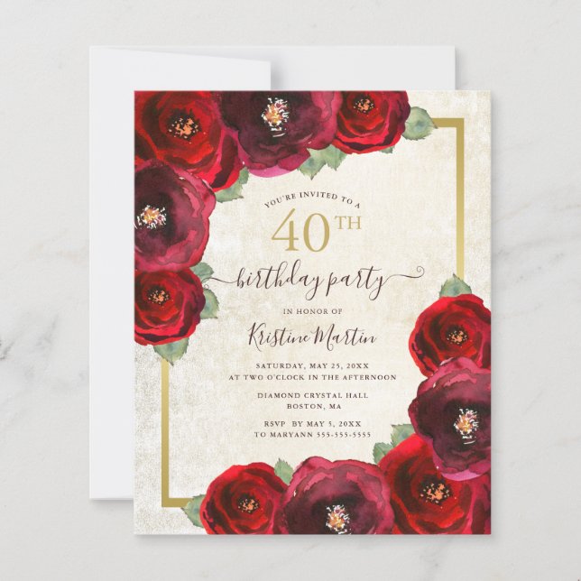 Budget Red Rose Floral 40th Birthday Party Invite (正面)