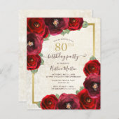 Budget Red Rose Floral 80th Birthday Party Invite (正面/裏面)