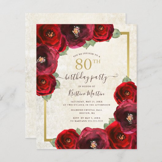 Budget Red Rose Floral 80th Birthday Party Invite (正面/裏面)