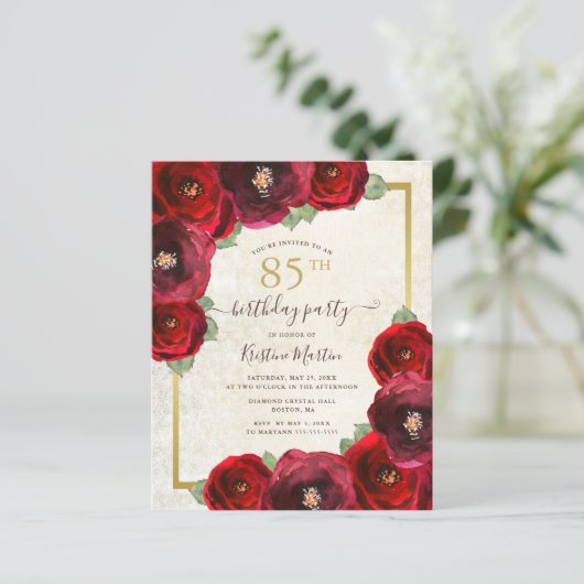 Budget Red Rose Floral 85th Birthday Party Invite (スタンド正面)