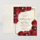 Budget Red Rose Floral 90th Birthday Party Invite (正面/裏面)