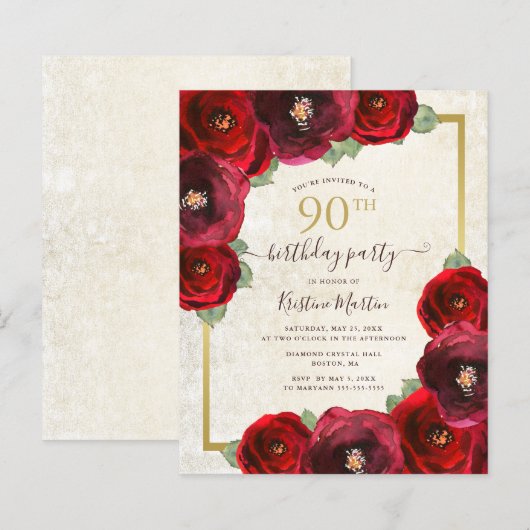 Budget Red Rose Floral 90th Birthday Party Invite (正面/裏面)