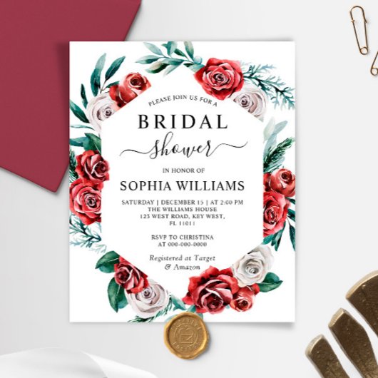 Budget Red Rose & Green Bridal Shower Invitation