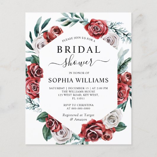 Budget Red Rose & Green Bridal Shower Invitation (正面)