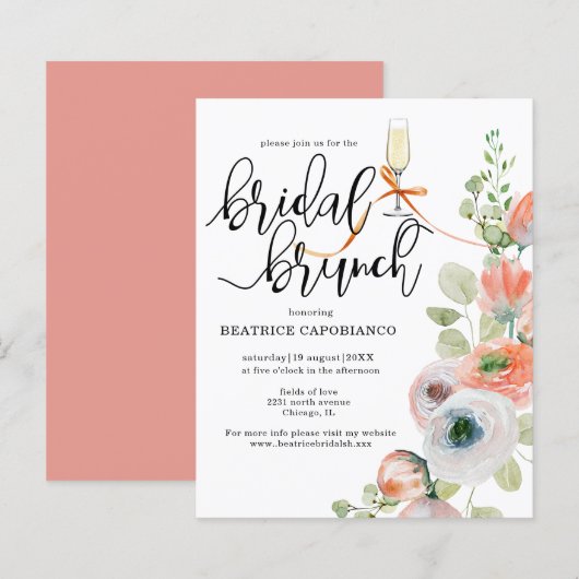 Budget Romantic Coral Floral Bridal Brunch Card (正面/裏面)