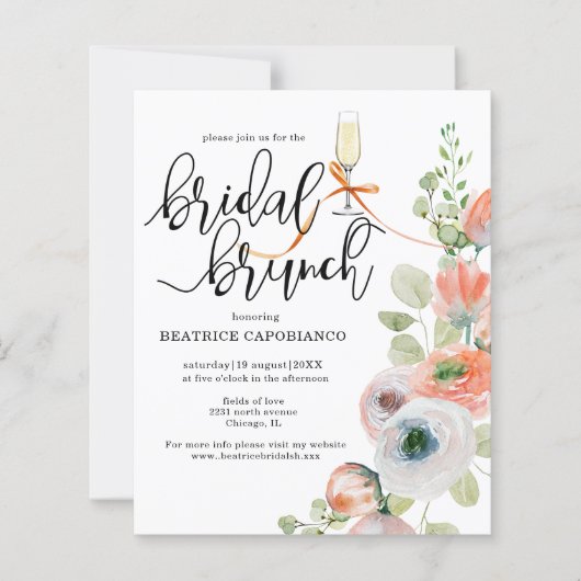 Budget Romantic Coral Floral Bridal Brunch Card (正面)