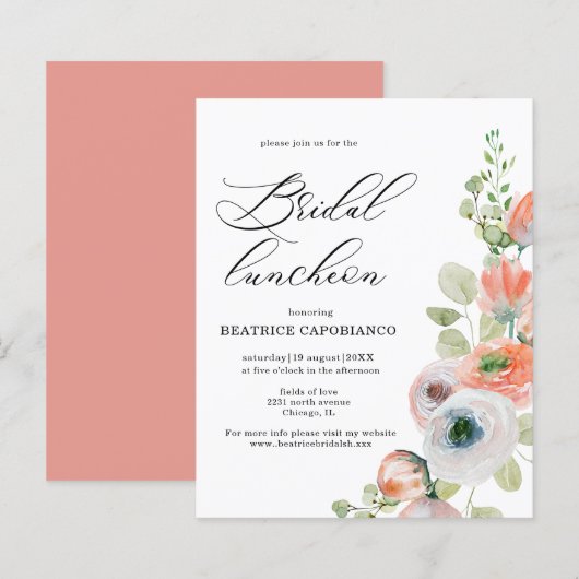 Budget  Romantic Coral Floral Bridal Luncheon Card (正面/裏面)