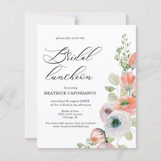 Budget Romantic Coral Floral Bridal Luncheon Card (正面)