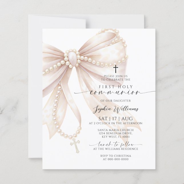 Budget Rosary Bow First Holy Communion Invitation (正面)