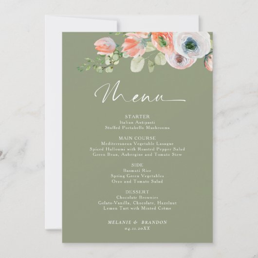Budget Rustic Floral Sage Green Wedding Menu Card 招待状 (正面)