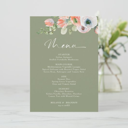 Budget Rustic Floral Sage Green Wedding Menu Card 招待状 (スタンド正面)
