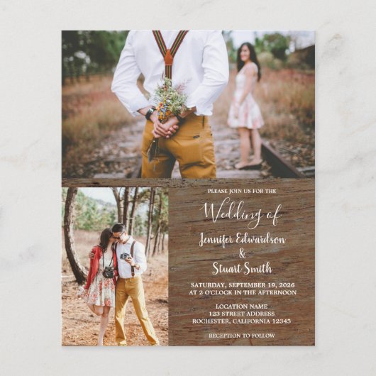 Budget rustic wood photo wedding invitation チラシ (正面)