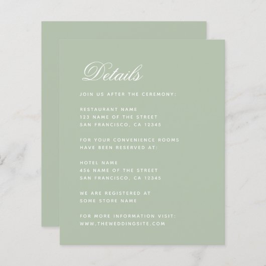 Budget Sageの結婚詳細グリーンエンクロージャカード (正面/裏面)