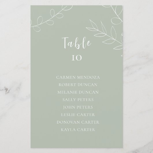 Budget Sage Greenの結婚シーティングチャートテーブルカード (正面)