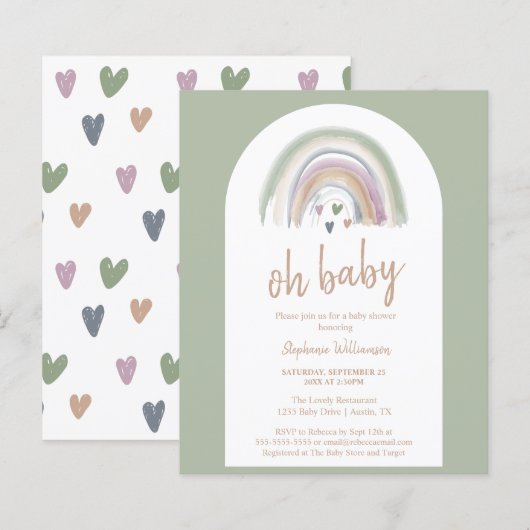 Budget Sage Green Boho Arch Baby Shower Invitation (正面/裏面)