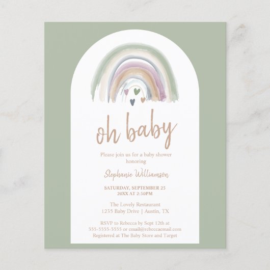 Budget Sage Green Boho Arch Baby Shower Invitation (正面)