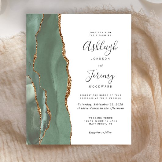 Budget Sage Green Gold Agate ウェディング インビテーション