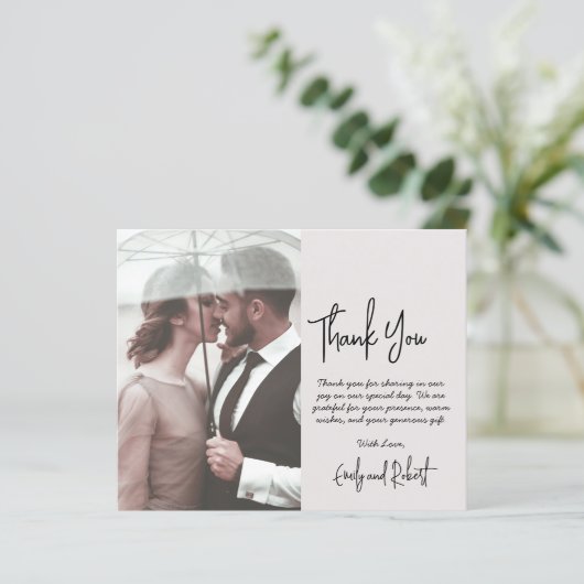 Budget Script Beige'結婚s Thank You Photo Card (スタンド正面)