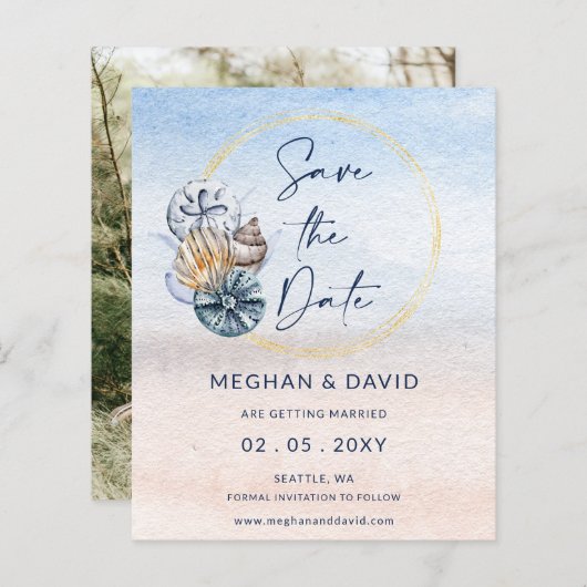 Budget Seashells夏のビーチ写真Save The Date (正面/裏面)