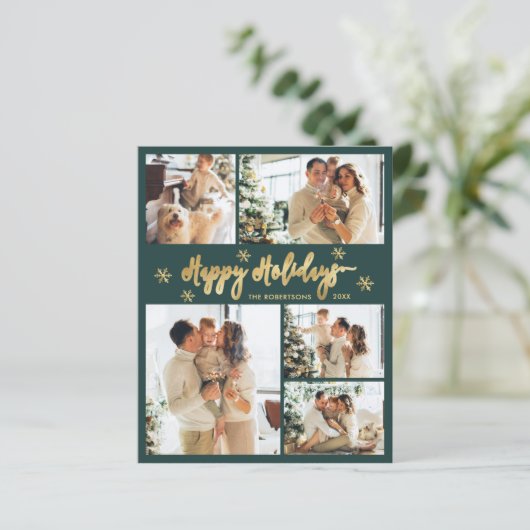 Budget Snowflake Green Gold 5 Photo Collage Card (スタンド正面)