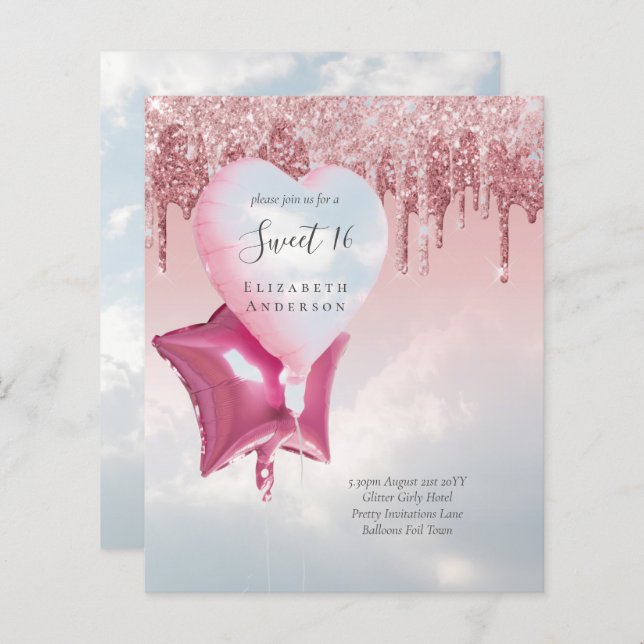 BUDGET Sweet16グリッターグラマーガーリーバルーン招待 (正面/裏面)