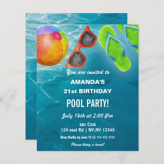 Budget Swimming Pool Party Birthday Invitation (正面/裏面)