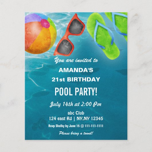 Budget Swimming Pool Party Birthday Invitation (正面)