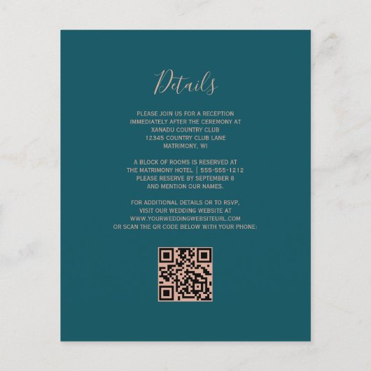 Budget Teal Agate Rose Gold QR Code Wedding Invite (裏面)