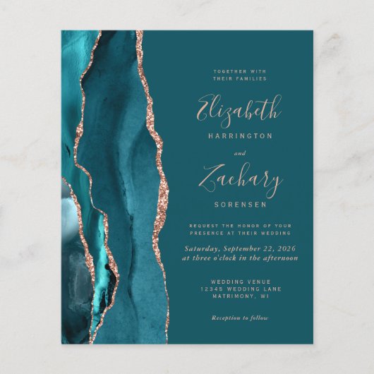Budget Teal Agate Rose Gold Wedding Invitation (正面)