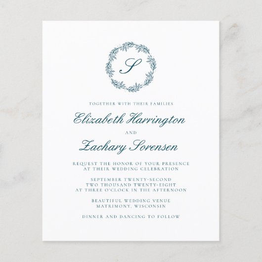 Budget Teal Blue Monogram Wreath Script Wedding (正面)
