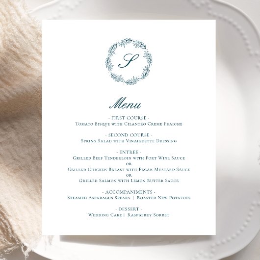 Budget Teal Blue Monogram Wreath Wedding Menu