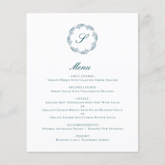 Budget Teal Blue Monogram Wreath Wedding Menu (正面)