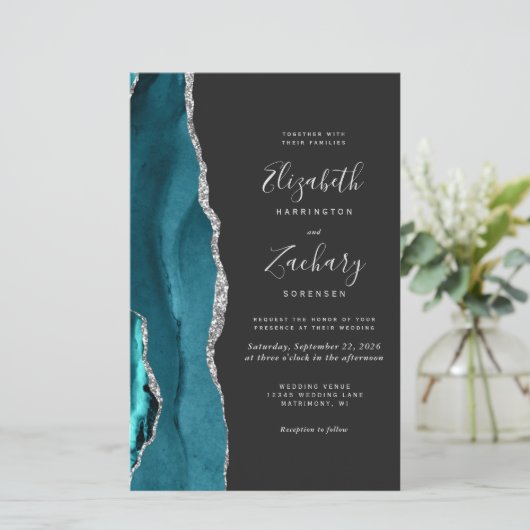 Budget Teal Blue Silver Agate Dark Wedding Invite (スタンド正面)