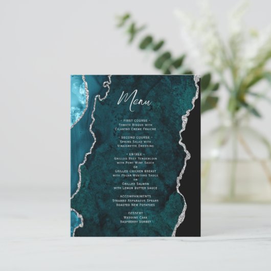 Budget Teal Blue Silver Agate Wedding Menu (スタンド正面)