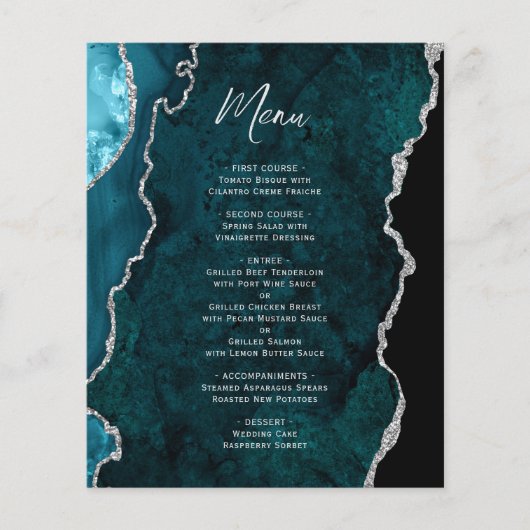 Budget Teal Blue Silver Agate Wedding Menu (正面)
