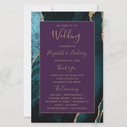 Budget Teal Gold Agate Purple Wedding Program (正面)